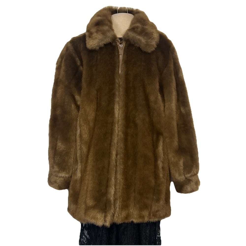 Dennis Basso Brown Faux Fur Mid Length Coat Plush Evening Luxury Mob Wife Glam S